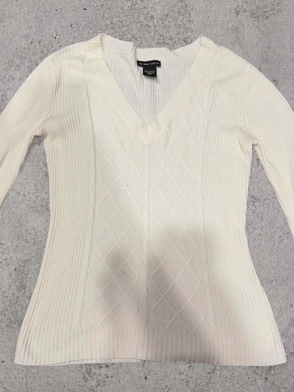 New York & Company Cream Ribbed V-Neck Sweater